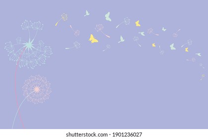 Dandelion with flying butterflies and seeds, vector illustration