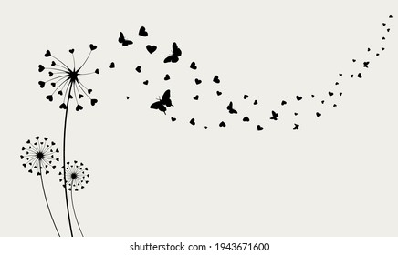 Dandelion with flying butterflies and seeds, vector illustration. Vector isolated decoration element from scattered silhouettes.
