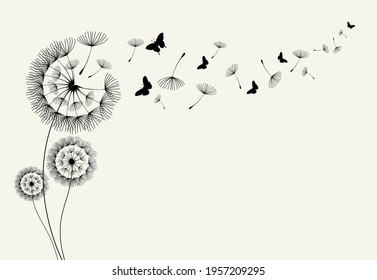 Dandelion with flying butterflies and seeds, vector illustration,dandelion flying wall decal children's room 