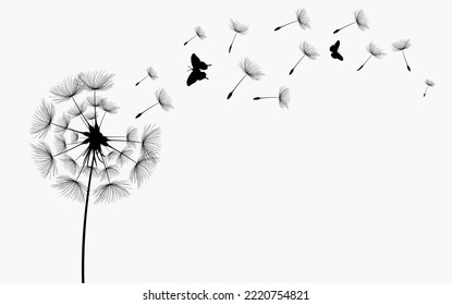 Dandelion with flying butterflies and seeds, vector illustration. Vector isolated decoration element from scattered silhouettes.