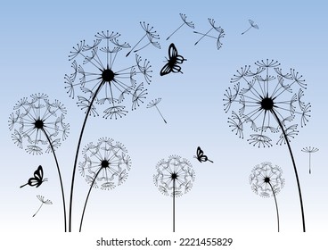 Dandelion with flying butterflies and seeds, vector illustration.