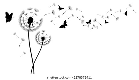 Dandelion with flying butterflies and seeds, vector illustration.Conceptual illustration of freedom and serenity