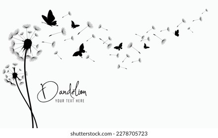 Dandelion with flying butterflies and seeds, vector illustration. Vector isolated decoration element from scattered silhouettes