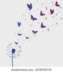 Dandelion with flying butterflies and seeds, vector illustration. Vector isolated decoration element from scattered silhouettes