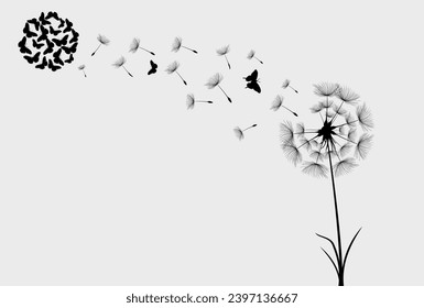 Dandelion with flying butterflies and seeds, vector illustration. Vector isolated decoration element from scattered silhouettes.
