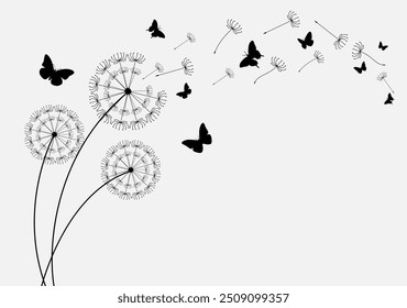 Dandelion with flying butterflies and seeds, vector illustration.