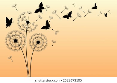 Dandelion with flying butterflies and seeds, vector illustration. Vector isolated decoration element from scattered silhouettes.