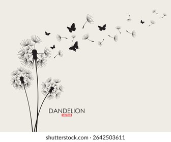 Dandelion with flying butterflies and seeds, vector illustration.