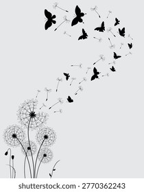 Dandelion with flying butterflies and seeds, vector illustration. Vector isolated decoration element from scattered silhouettes.