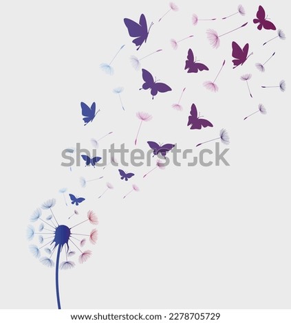 Dandelion with flying butterflies and seeds, vector illustration. Vector isolated decoration element from scattered silhouettes