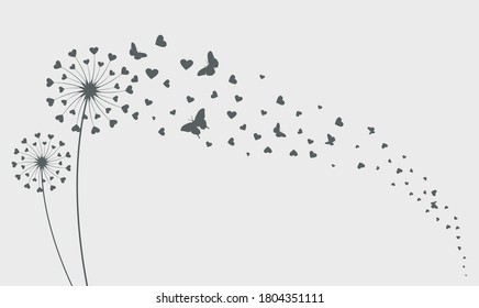 Dandelion with flying butterfly and seeds. Vector isolated decoration element from scattered silhouettes. Conceptual illustration of freedom and serenity.