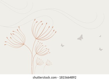 Dandelion with flying butterfly. Vector isolated decoration element from scattered silhouettes.
