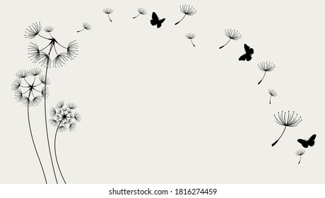 Dandelion with flying butterfly. Vector isolated decoration element from scattered silhouettes.