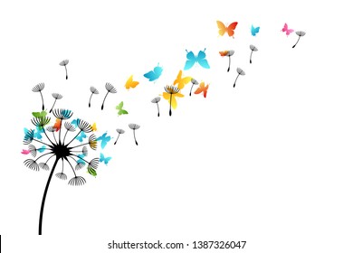 Dandelion with flying color butterflies and seeds. Vector isolated decoration element from scattered silhouettes. Conceptual illustration of freedom and serenity.