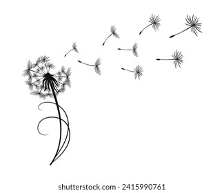 Dandelion con semillas esponjosas voladoras. Esbozo, ilustración en blanco y negro, vector