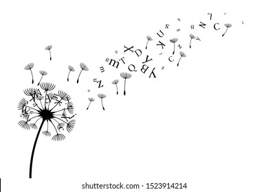 Dandelion with flying letters and seeds. Vector decoration from scattered elements. Monochrome isolated silhouette. Conceptual illustration.