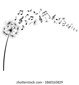 Dandelion with flying music notes and seeds, vector illustration.