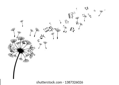 Dandelion with flying notes and seeds. Vector isolated decoration element from scattered silhouettes. Conceptual illustration of freedom and serenity.