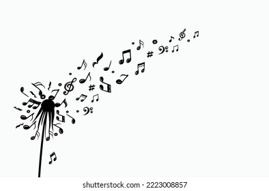 Dandelion with flying notes and seeds. Vector isolated decoration element from scattered silhouettes