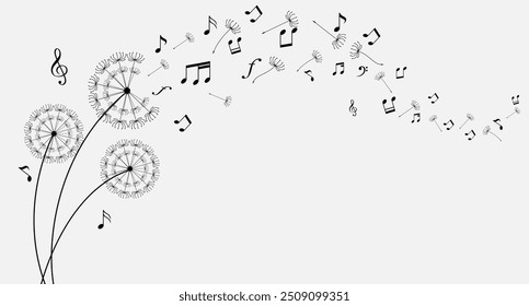 Dandelion with flying notes and seeds. Vector isolated decoration element from scattered silhouettes