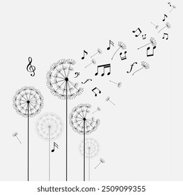 Dandelion with flying notes and seeds. Vector isolated decoration element from scattered silhouettes