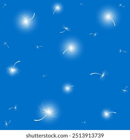 Sementes voadoras de dente-de-leão, padrão floral com feixes de luz, fundo azul, ilustração vetorial.