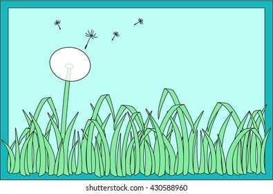 Dandelion with flying seeds on a meadow with blue background and frame