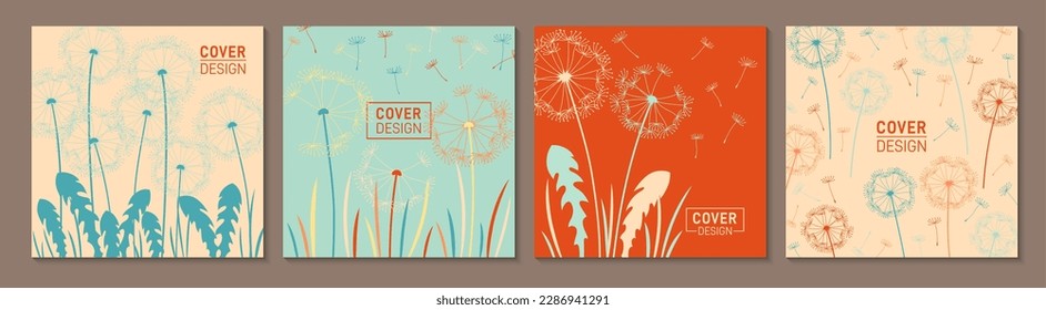 Dandelion with flying seeds trendy cover or square card design set. Abstract summer pattern page flyer, notebook planner with plants. Brochure social media catalog. Decorative floral page background