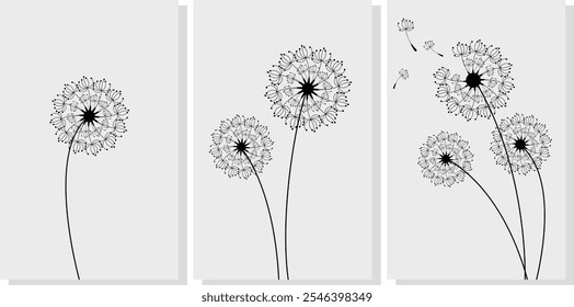 Dandelion with flying seeds, vector illustration. Vector isolated decoration element from scattered silhouettes.