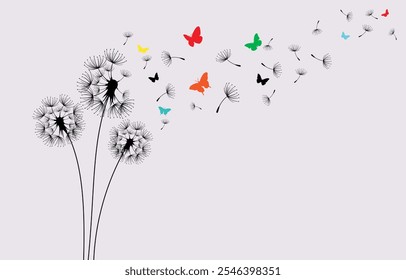 Dandelion with flying seeds, vector illustration. Vector isolated decoration element from scattered silhouettes.