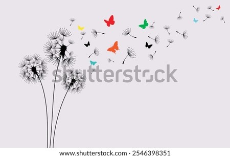 Dandelion with flying seeds, vector illustration. Vector isolated decoration element from scattered silhouettes.