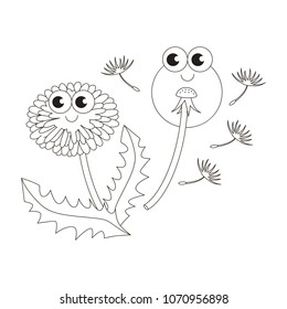 Dandelion funny cartoon. Outlined colorless illustration with thin line black stroke