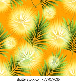 Dandelion with a green palm branch. Floral spring-summer pattern on an orange background. 
