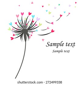 Dandelion greeting card with colorful hearts 