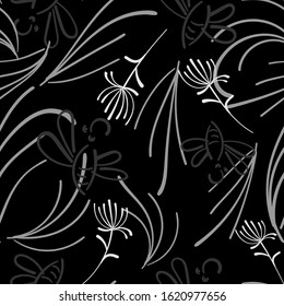 Dandelion grey seamless on dark background. Decorative dandelion wallpaper. Seamless pattern background. Abstract surface pattern design