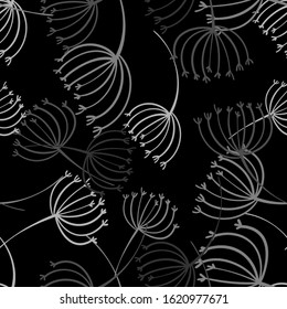 Dandelion grey seamless on dark background. Decorative dandelion wallpaper. Seamless pattern background. Abstract surface pattern design