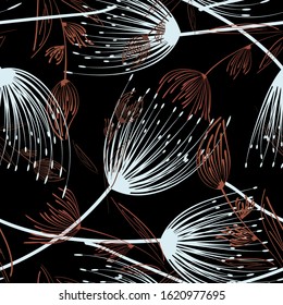 Dandelion grey seamless on dark background. Decorative dandelion wallpaper. Seamless pattern background. Abstract surface pattern design