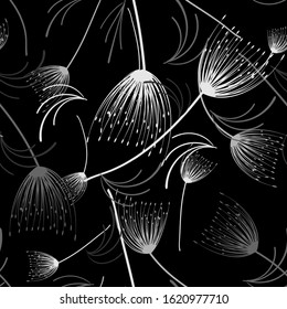 Dandelion grey seamless on dark background. Decorative dandelion wallpaper. Seamless pattern background. Abstract surface pattern design