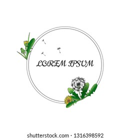 Dandelion, hand drawing.Template for greeting cards, invitations with a round frame for text. Graphic design page. Vector graphic flowers