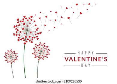 Dandelion with hearts. Happy Valentine's day greeting card. Lovely romance flower. Congratulation with Love. Valentine's day Vector illustration background.