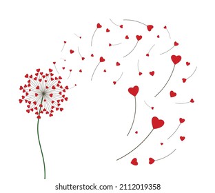 Dandelion with hearts. Happy Valentine's day greeting card. Lovely romance flower. Congratulation with Love. Wedding, Valentine's day Vector illustration background.