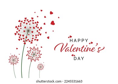 Dandelion with hearts. Happy Valentine's day greeting card. Lovely romance flower. Congratulation with Love. Valentine's day Vector illustration background.
