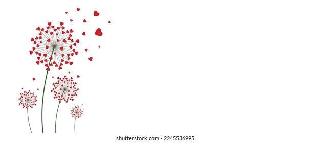Dandelion with hearts. Happy Valentine's day greeting card. Lovely romance flower. Congratulation with Love. Valentine's day Vector illustration background.