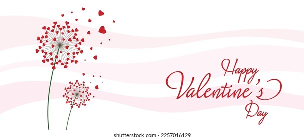 Dandelion with hearts. Happy Valentine's day greeting card. Lovely romance flower. Congratulation with Love. Valentine's day Vector illustration background with is 'be mine' letter.