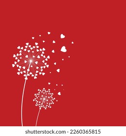 Dandelion with hearts. Happy Valentine's day greeting card. Lovely romance flower. Congratulation with Love. Valentine's day Vector illustration background.