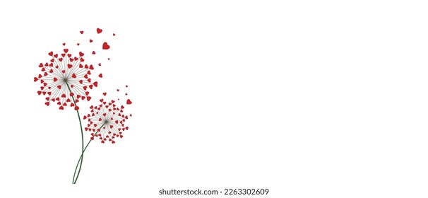 Dandelion with hearts. Happy Valentine's day greeting card. Lovely romance flower. Congratulation with Love. Valentine's day Vector illustration background with is 'be mine' letter.