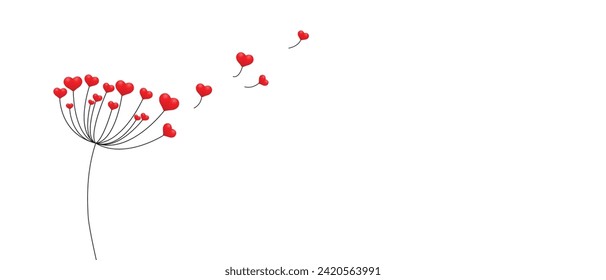 Dandelion with hearts. Happy Valentine's day greeting card. Lovely romance flower. Congratulation with Love. Valentine's day Vector illustration background.