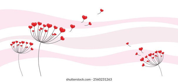 Dandelion with hearts. Happy Valentine's Day greeting card. Lovely romance flower. Congratulations with Love. Valentine's Day Spring and Summer Vector illustration background.