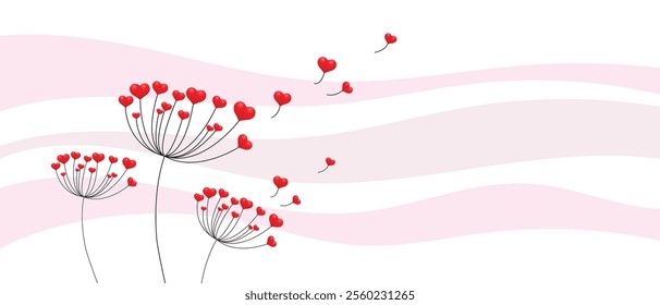 Dandelion with hearts. Happy Valentine's Day greeting card. Lovely romance flower. Congratulations with Love. Valentine's Day Spring and Summer Vector illustration background.