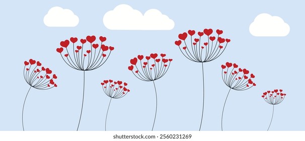 Dandelion with hearts. Happy Valentine's Day greeting card. Lovely romance flower. Congratulations with Love. Valentine's Day Spring and Summer Vector illustration background.